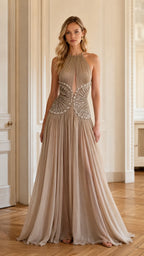 Taupe Halter Beaded Pleated Tulle Gown