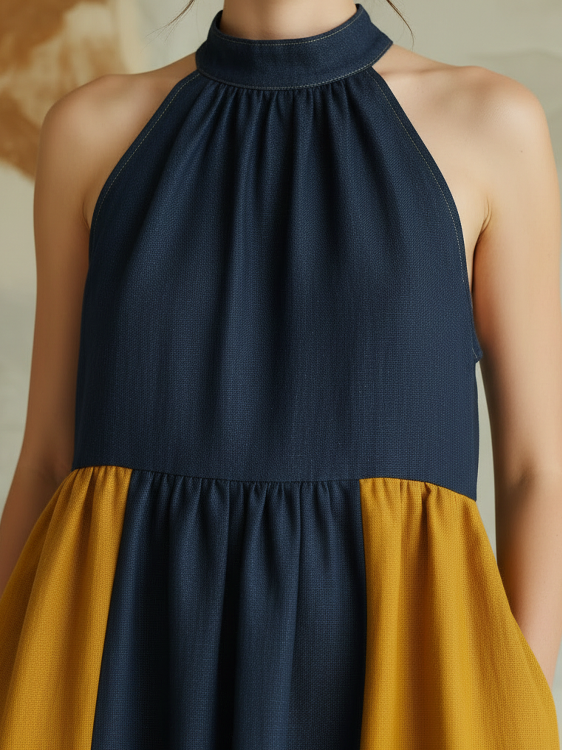 Halter Neck Color Block Denim Maxi Dress
