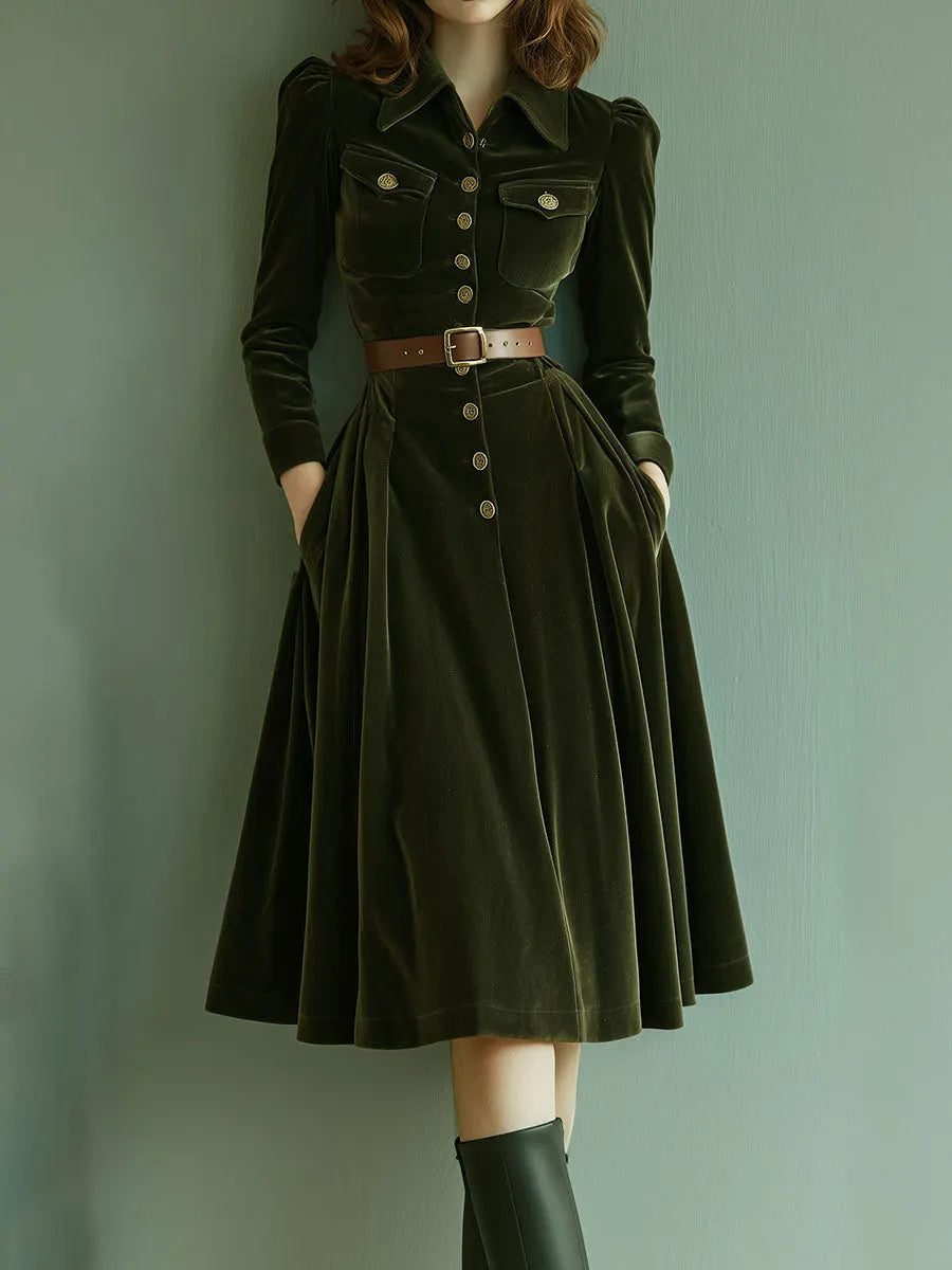 Vintage A-Line Long Sleeve Velvet Midi Dress With Pockets