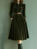 Vintage A-Line Long Sleeve Velvet Midi Dress With Pockets