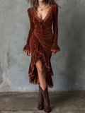 Elegant Rust Velvet Ruffle Lace-Trim Asymmetrical Midi Dress
