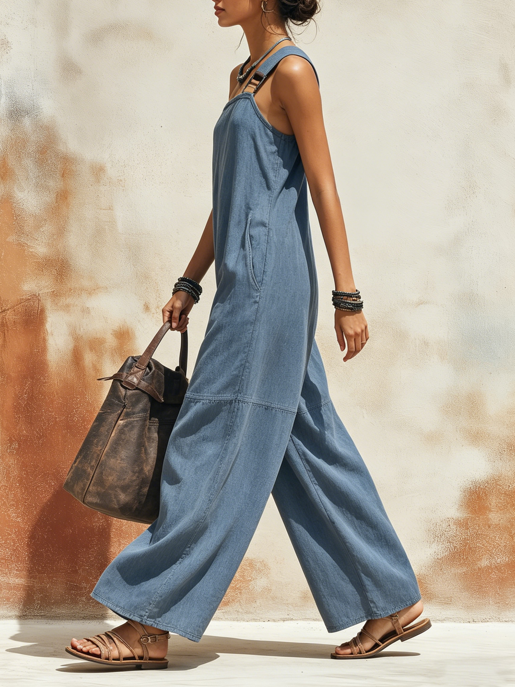 Adjustable Strap One-Shoulder Chambray Denim Maxi Jumpsuit