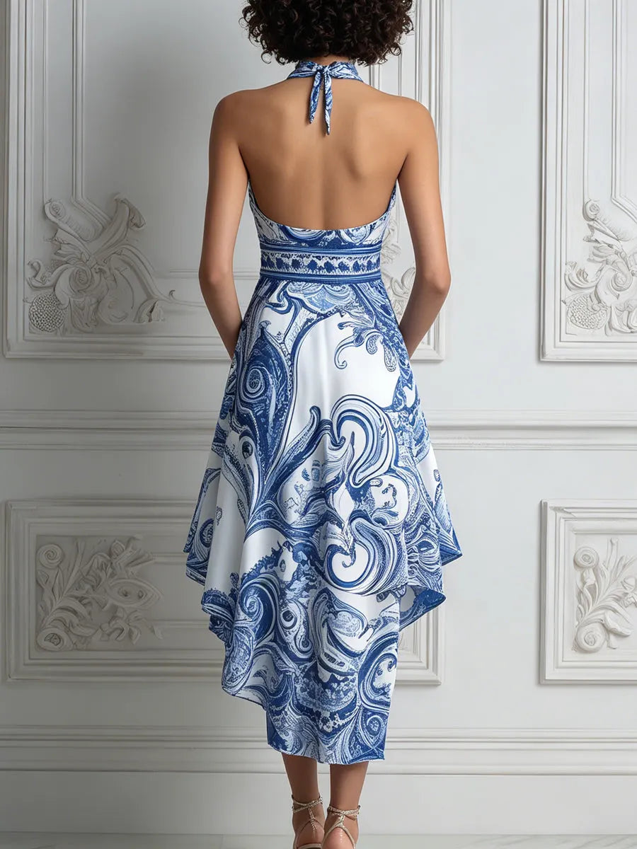 Blue & White Baroque Print Halter Neck Midi Dress
