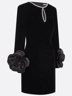 Black 3D Floral Rhinestone Velvet Crew Neck Long Sleeve Sheath Mini Dress