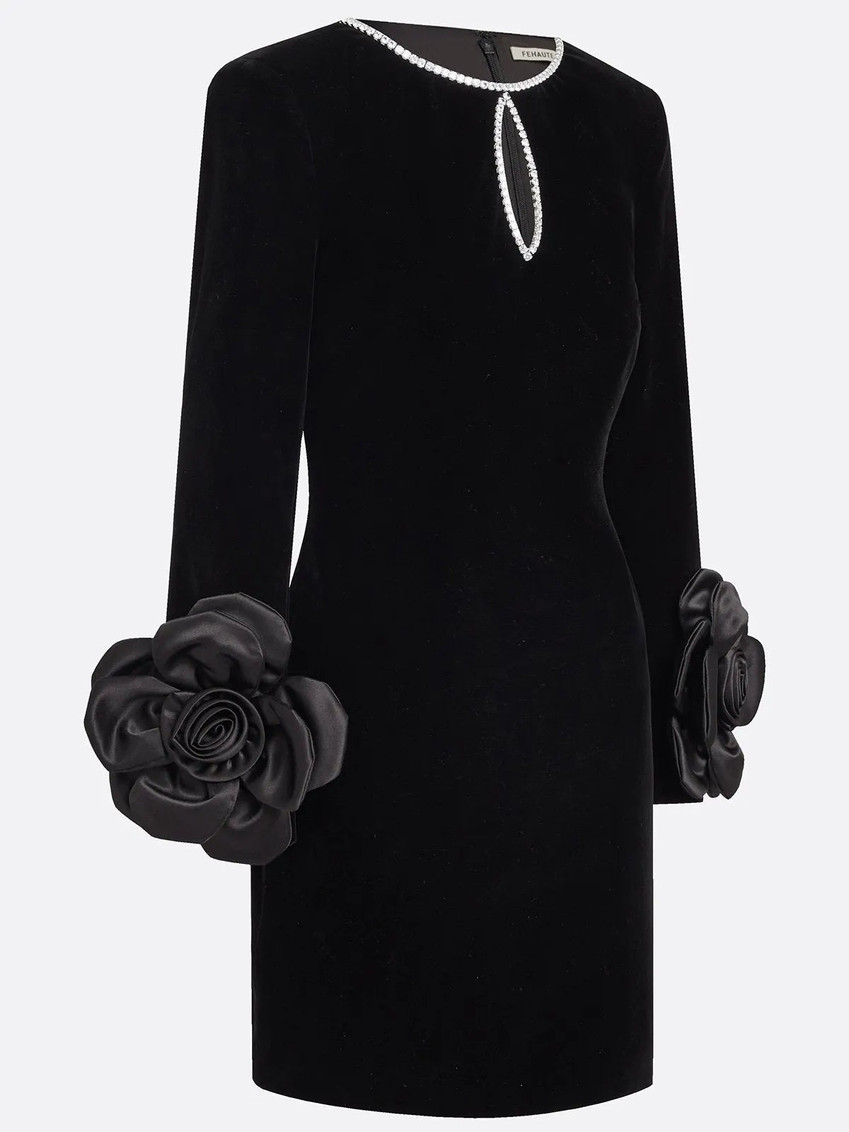 Black 3D Floral Rhinestone Velvet Crew Neck Long Sleeve Sheath Mini Dress