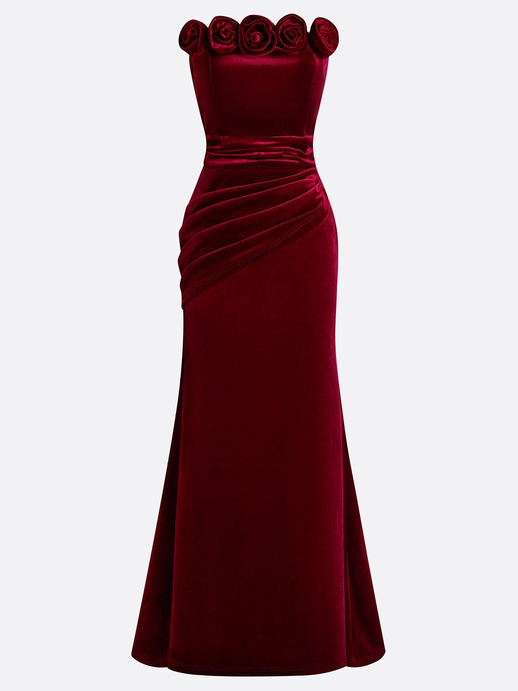 Wine Red 3D Floral Velvet Strapless Sleeveless Sheath Gown Dress