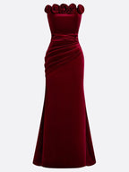 Wine Red 3D Floral Velvet Strapless Sleeveless Sheath Gown Dress