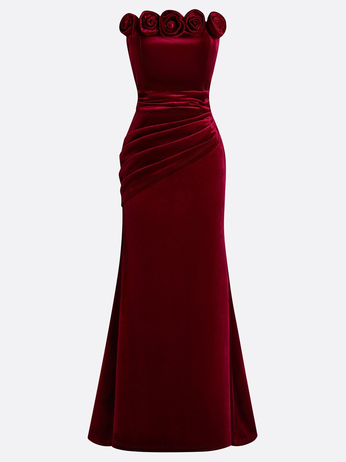 Wine Red 3D Floral Velvet Strapless Sleeveless Sheath Gown Dress
