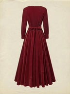 Maxi Cotton Dress, Half Sleeve, Square Neck, Plain, Pocket Design, Vintage, Red