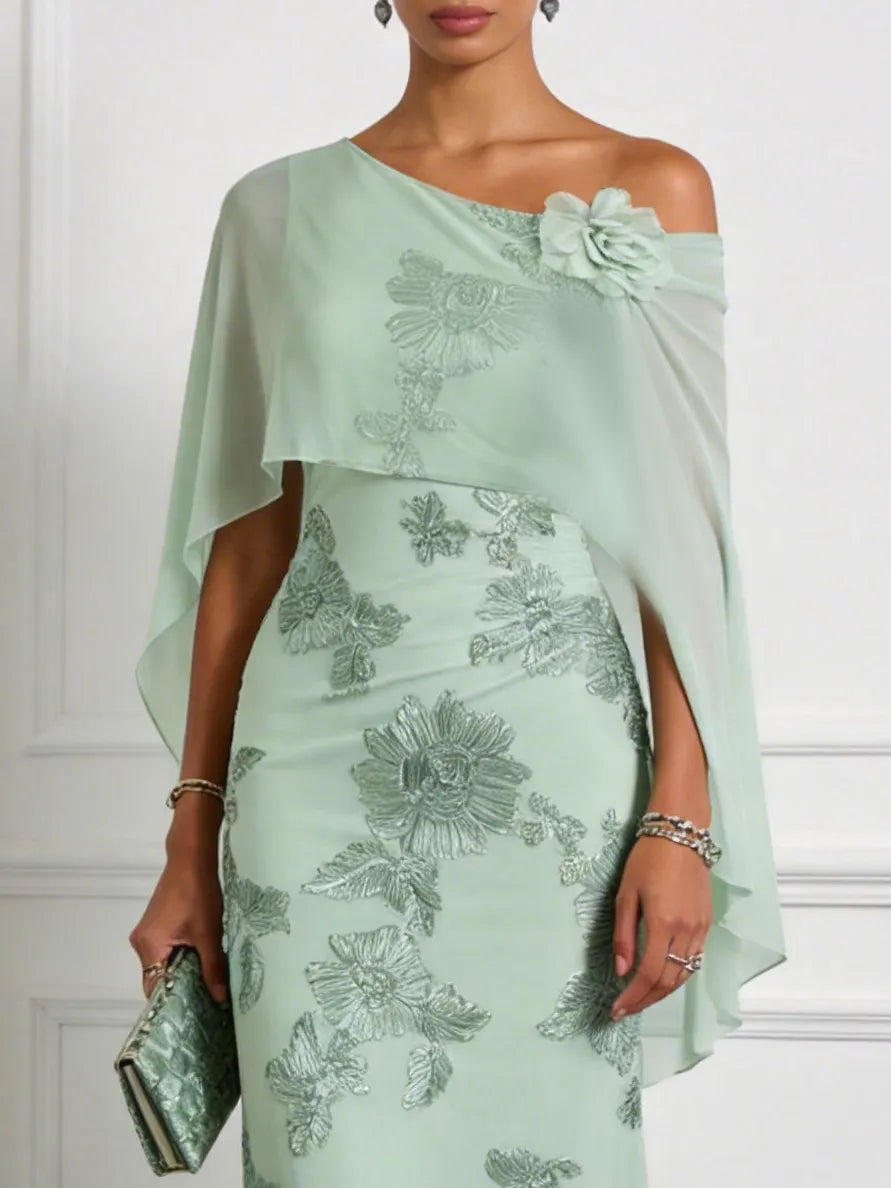 Light Green 3D Floral Classic One Shoulder Cap Sleeve Sheath Maxi Dress
