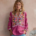 Women's Vintage Flower Embroidery V-neck Long Sleeve Linen Blend Blouse
