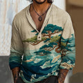 Men's Vintage Japanese Wave Pine Art Print Long Sleeve Linen Blend Shirt