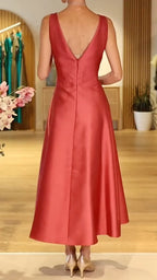 Coral Sleeveless Satin Midi Swing Dress