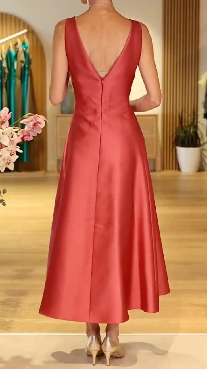 Coral Sleeveless Satin Midi Swing Dress