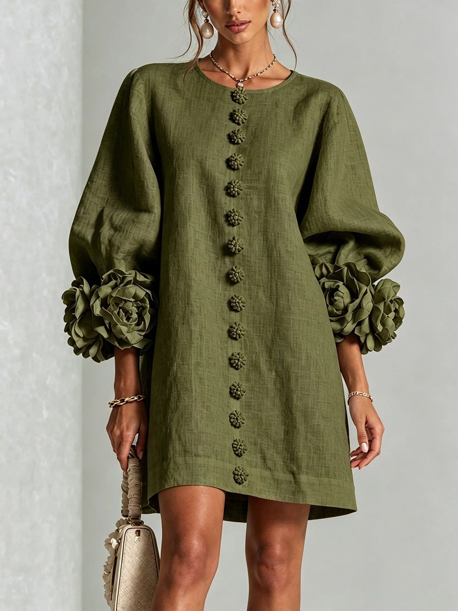 Women's 3D Floral Cuff Balloon Sleeve Mini Dress, Front Floral Button Cotton Linen Blend Shift Dress