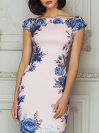 Blush Pink Boat Neck Blue Rose Print Midi Dress