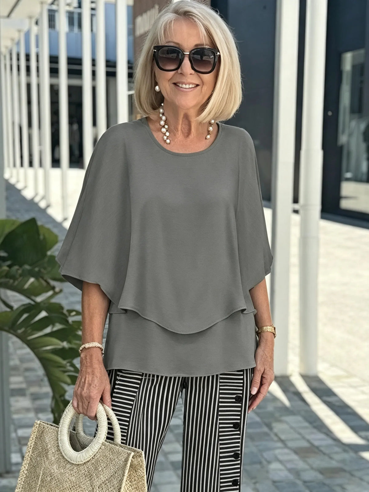 Women's 2 Piece Outfits Set, Crew Neck Flutter Sleeve Layered Blouse & Leaf Print Straight Leg Pants, Casual Loose Matching Two Piece Set for Summer Daily Wear