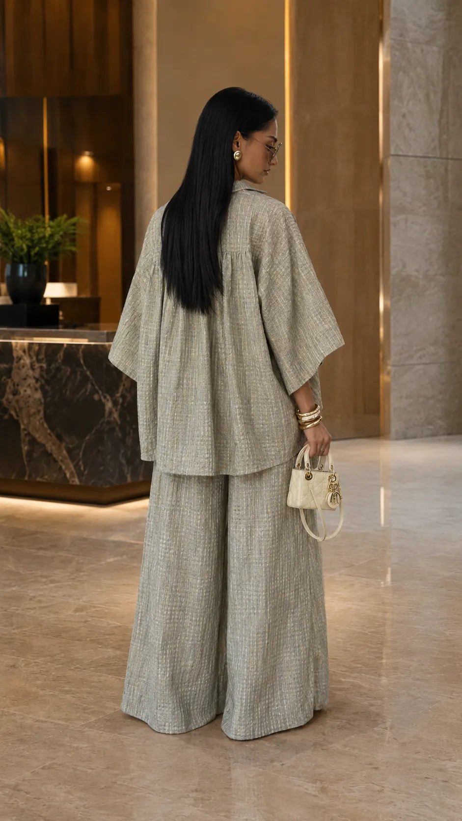 Crinkled Textured Oversized Shirt & Wide-Leg Pants Two-Piece