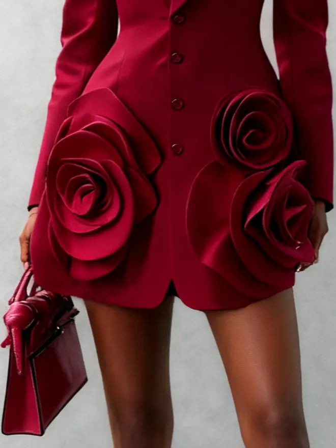 Burgundy 3D Floral Blazer Shawl Collar Long Sleeve A-Line Mini Dress