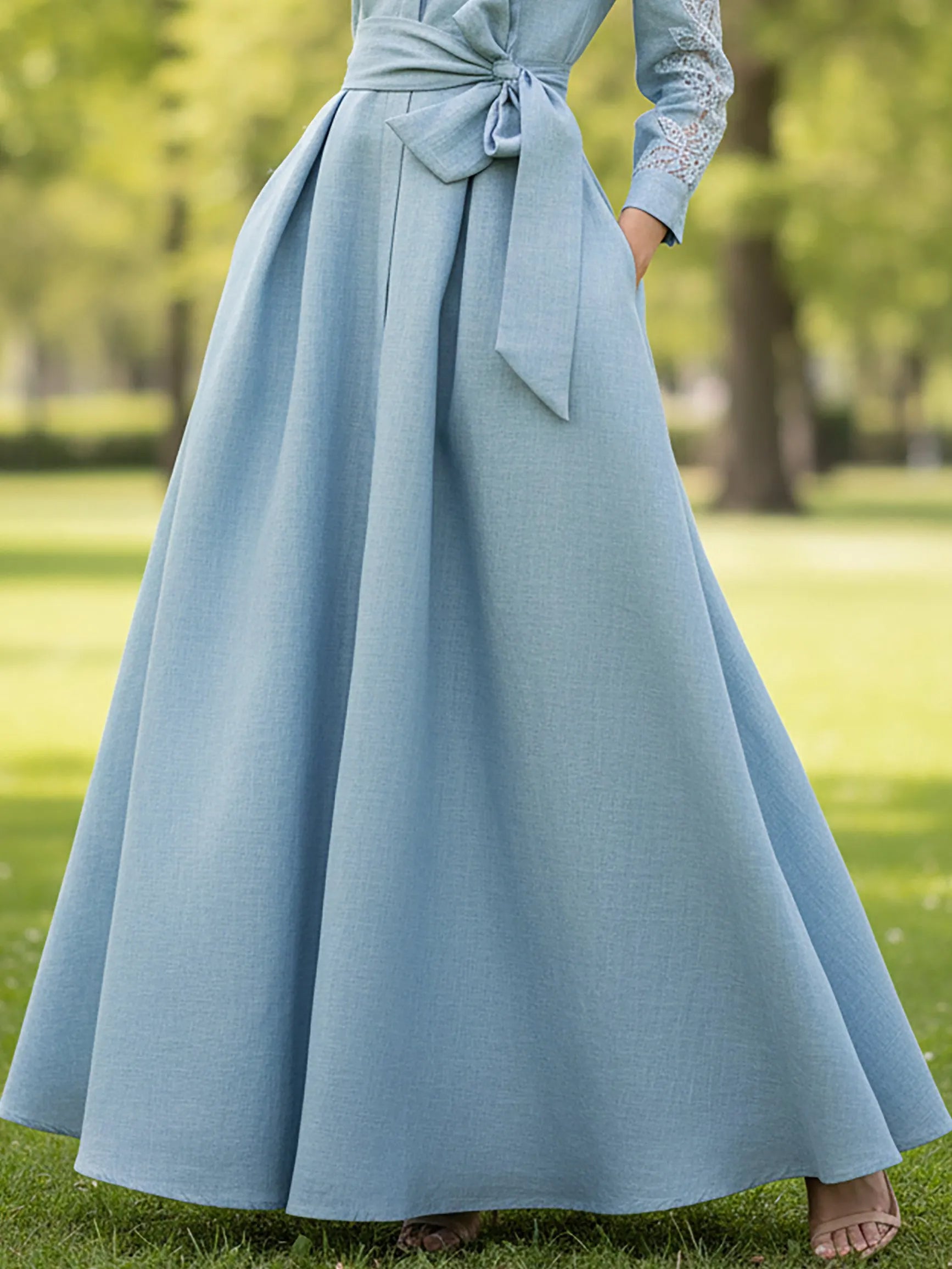 Maxi Linen Dress, Long Sleeves, Shawl Collar, Plain, Belt Design, Vintage, Blue