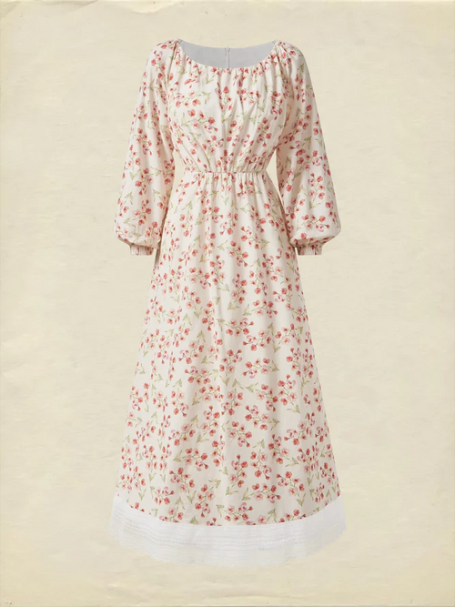 Cotton And Linen Floral Regular Fit Long Sleeve Elegant Dress, Pink