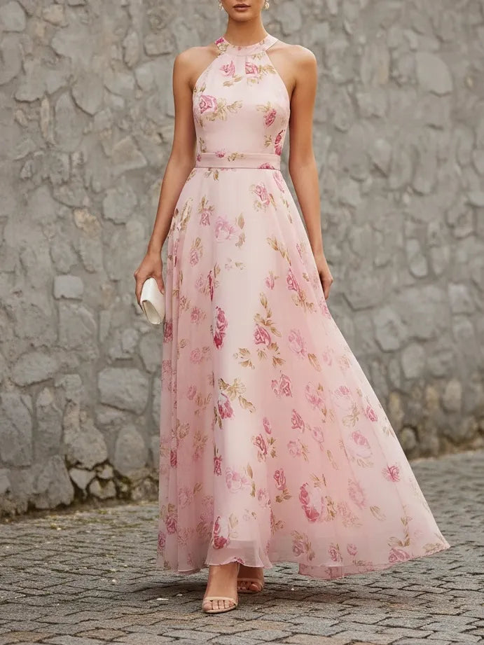 Pink Classic Floral Halter Short Sleeve A-Line Maxi Dress