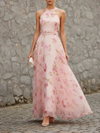 Pink Classic Floral Halter Short Sleeve A-Line Maxi Dress