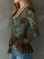 Boho Sage And Bronze Floral Ruched Ruffle Hem Blouse