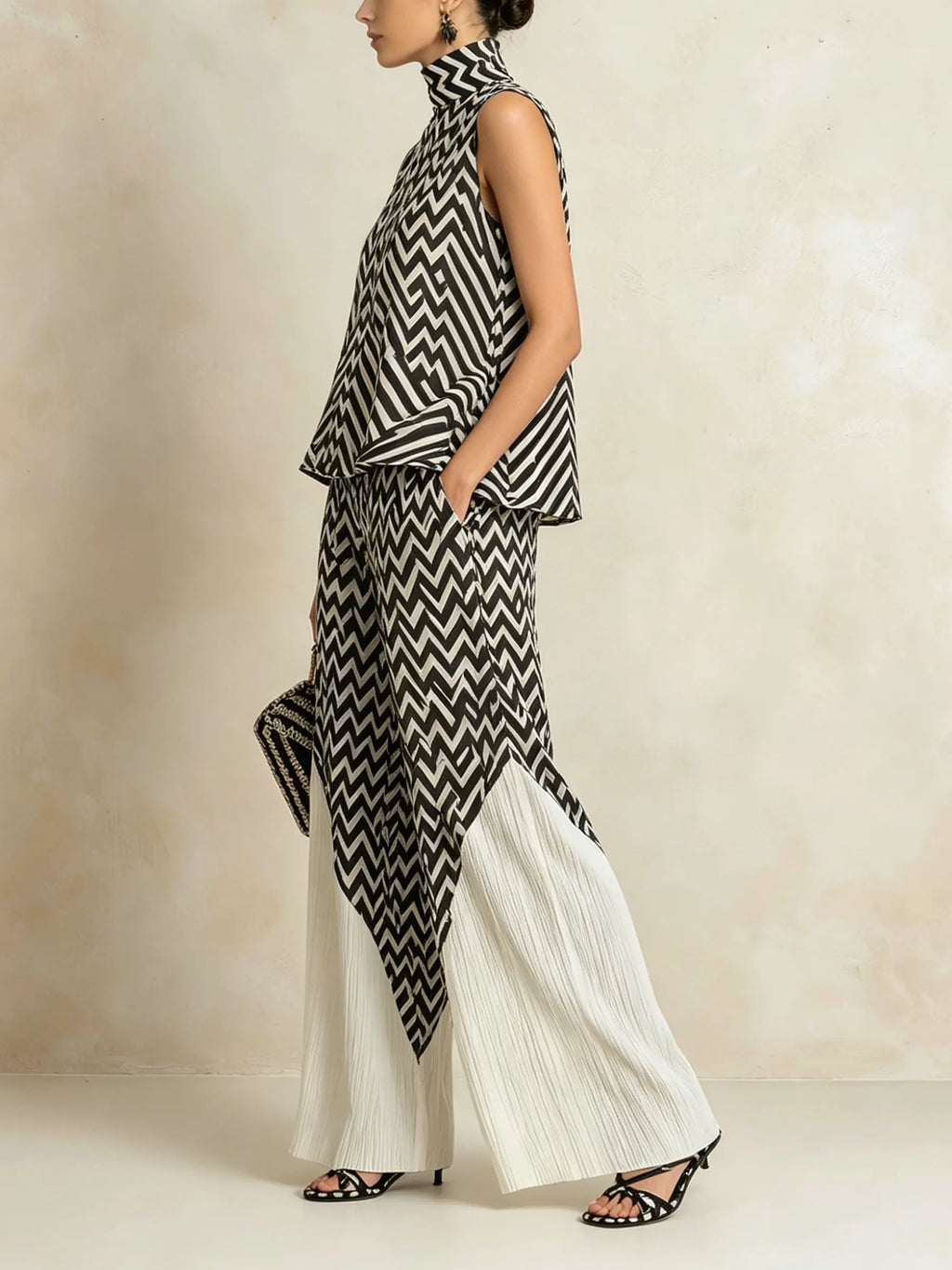 Black & White Chevron Print High-Neck Top & Pleated Wide-Leg Pants Set
