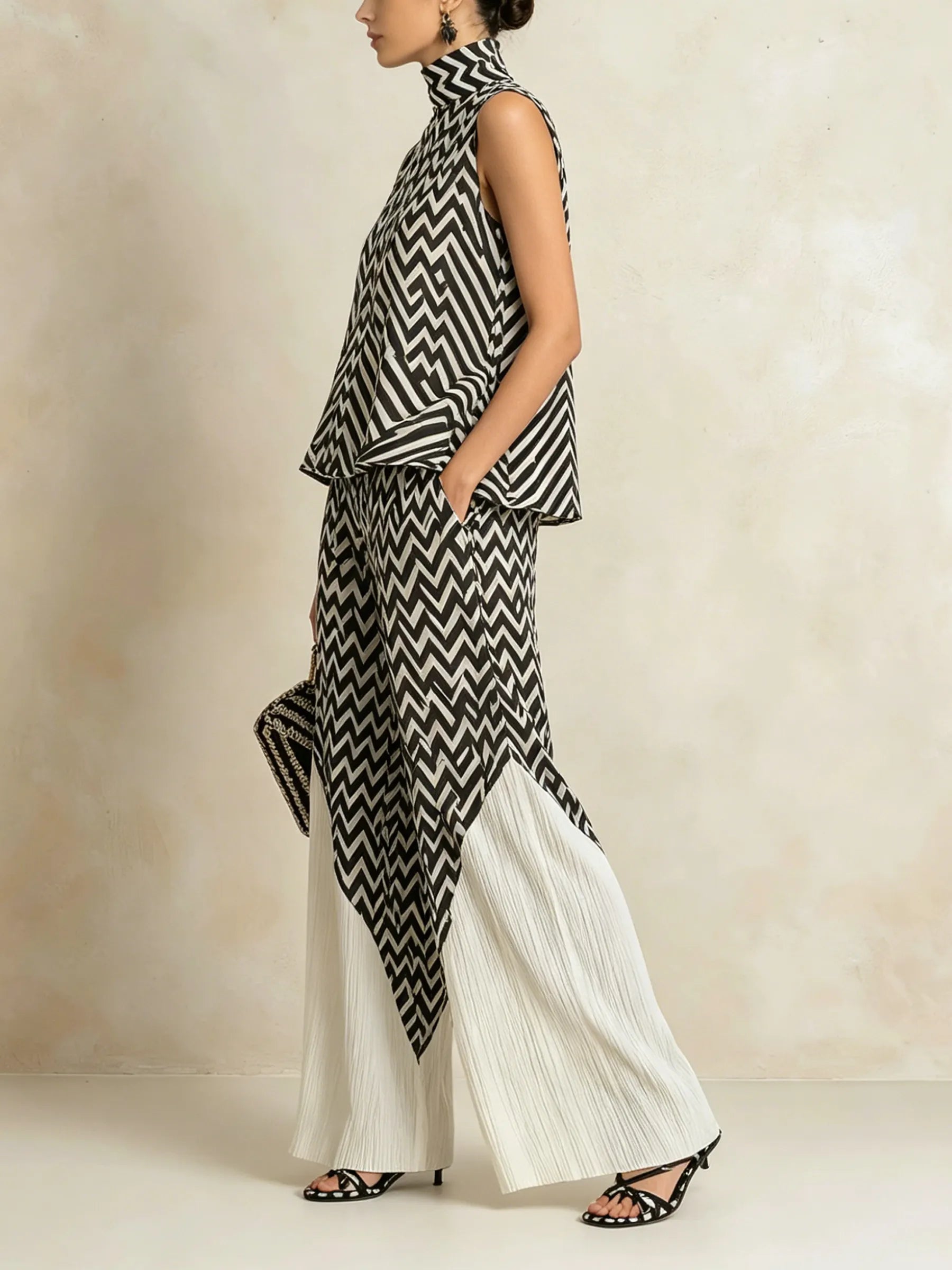 Black & White Chevron Print High-Neck Top & Pleated Wide-Leg Pants Set