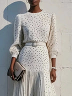 White Pleated Polka Dots Classic Crew Neck Long Balloon Sleeve A-Line Midi Dress