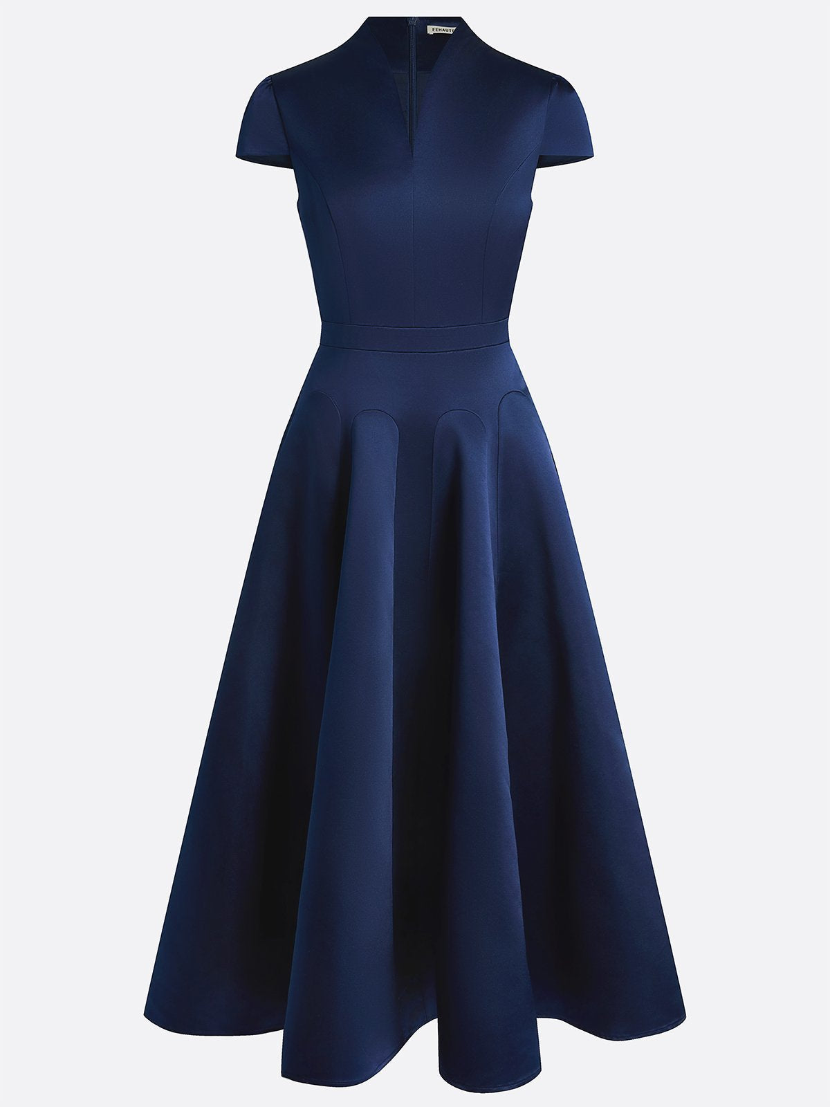 Navy Blue Satin Stand Collar Short Sleeve A-Line Maxi Dress