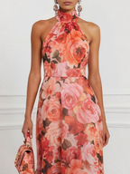 Orange Red Floral Bow Chiffon Halter Sleeveless A-Line Maxi Dress