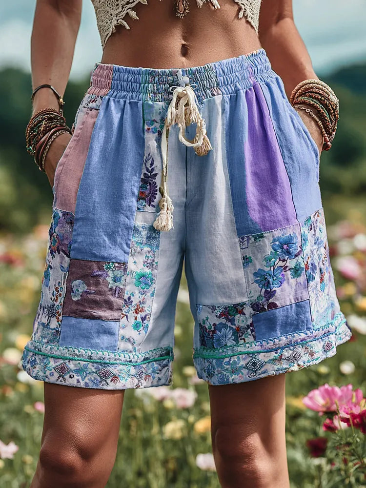 Women's Patchwork Floral Contrast Waist Drawstring Pocket Shorts