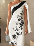 One-Shoulder Cape Sleeve Dress with Floral Print