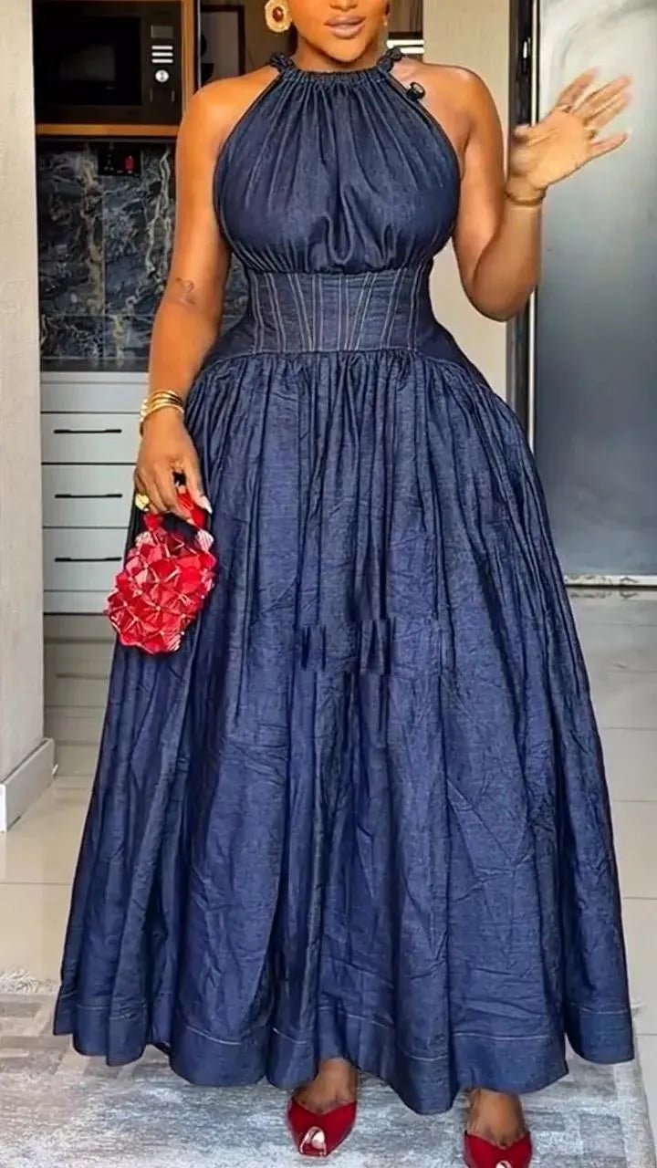 Dark Denim Halter Corset Waist Maxi Dress