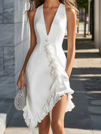 Stylish White Deep V-Neck Dress with Asymmetric Ruffle Hem