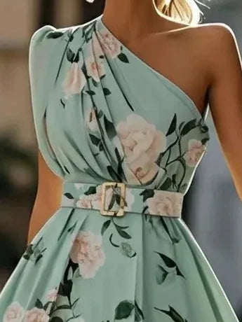 Lightgreen Ruched Slit Chiffon One Shoulder Sleeveless A-Line Floor-length Gown Dress
