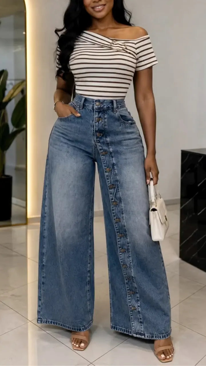 Button Front Wide Leg Denim Pants