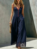 Color-blocked V-neck Cotton And Linen Patchwork Lace Sleeveless Jumpsuit