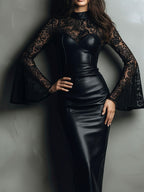 Black Eco Leather Sheer Paisley Flocked Patchwork Midi Dress