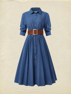 Midi Linen Dress, Half Sleeves, Shawl Collar, Plain, Button Design, Vintage, Dark_blue