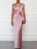 Pink Satin One Shoulder Sleeveless Sheath Gown Dress