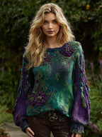 Women's Vintage Purple Floral Chunky Knit Crew Neck Sweater