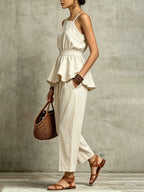 Beige Linen-Blend Asymmetric Peplum Top & Barrel Pants Co-ord Set