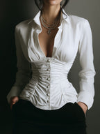 Chic White Ruched Button-Down Corset Blouse