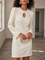 Black Faux Pearl Cut Out Classic Crew Neck Long Sleeve Sheath Mini Dress