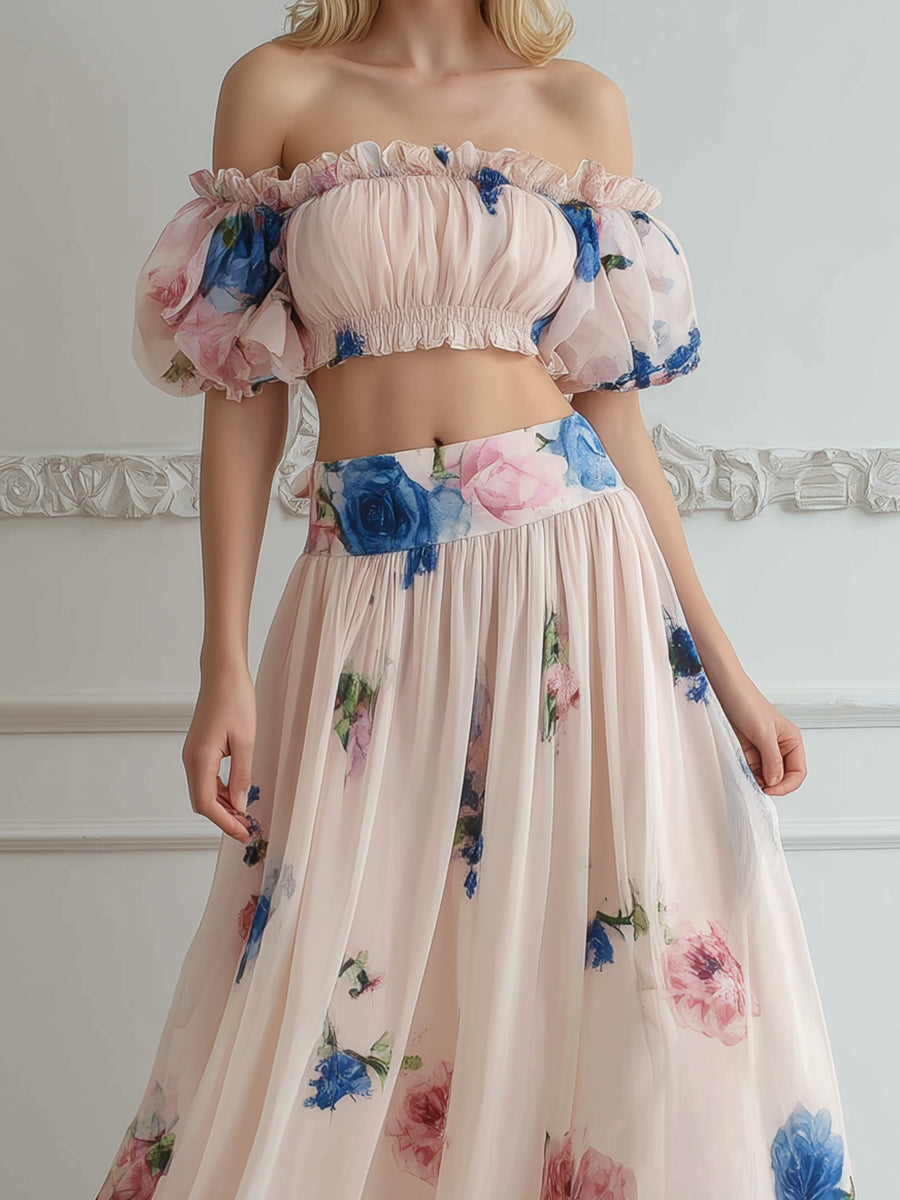 Off-Shoulder Floral Ruffle Two-Piece Maxi Set