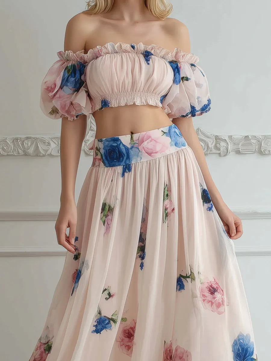 Off-Shoulder Floral Ruffle Two-Piece Maxi Set