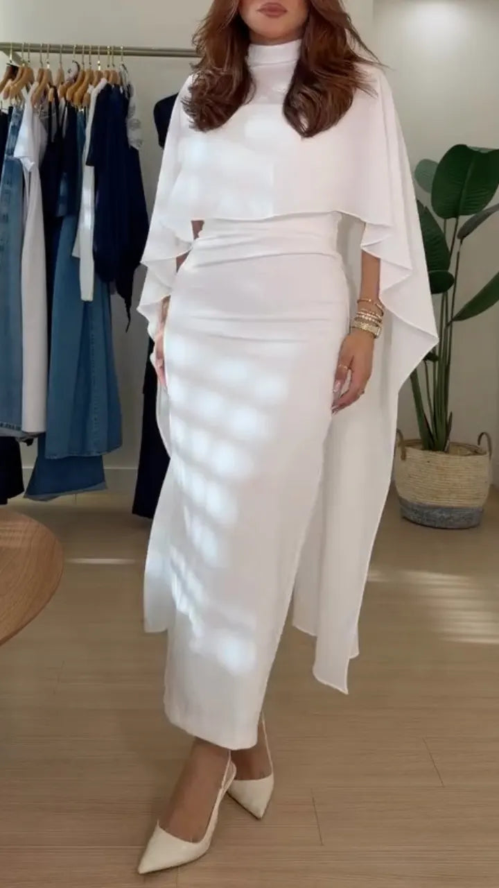 White Cape Sleeve Midi Skirt Set